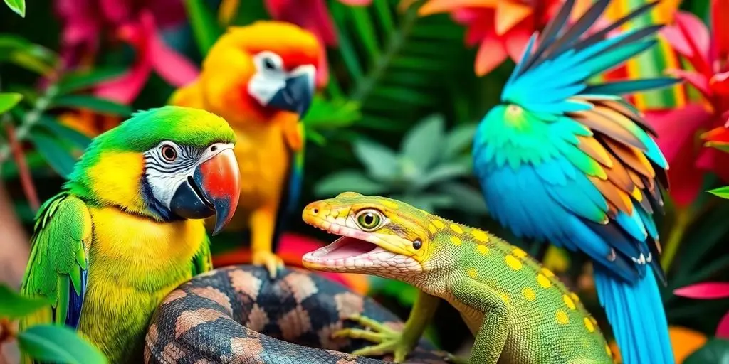 Exotische Tiere in einer bunten, lebhaften Umgebung.