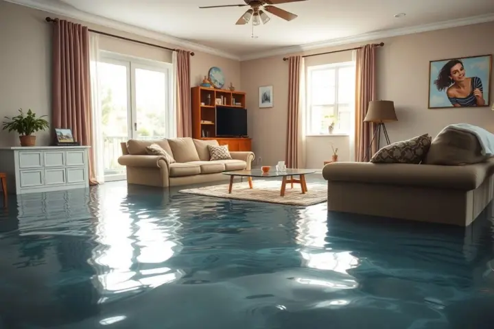 Flooded living room with water-damaged furniture and carpets.