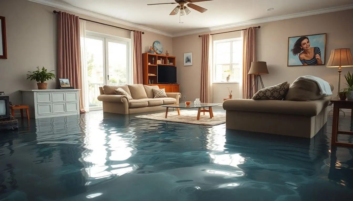Flooded living room with water-damaged furniture and carpets.