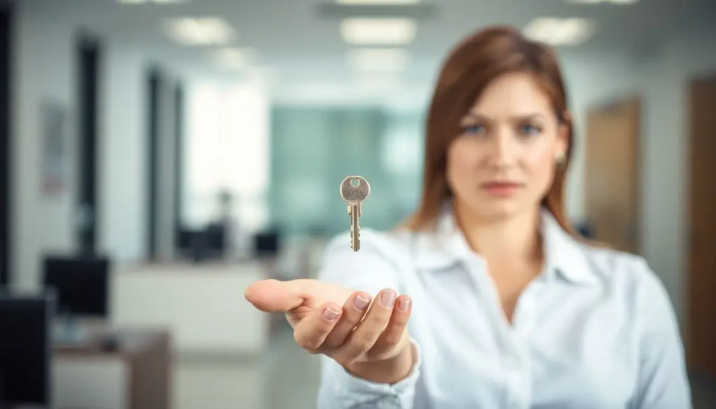 Verlust beruflicher Schlüssel: Woman holding a key, looking concerned about loss.