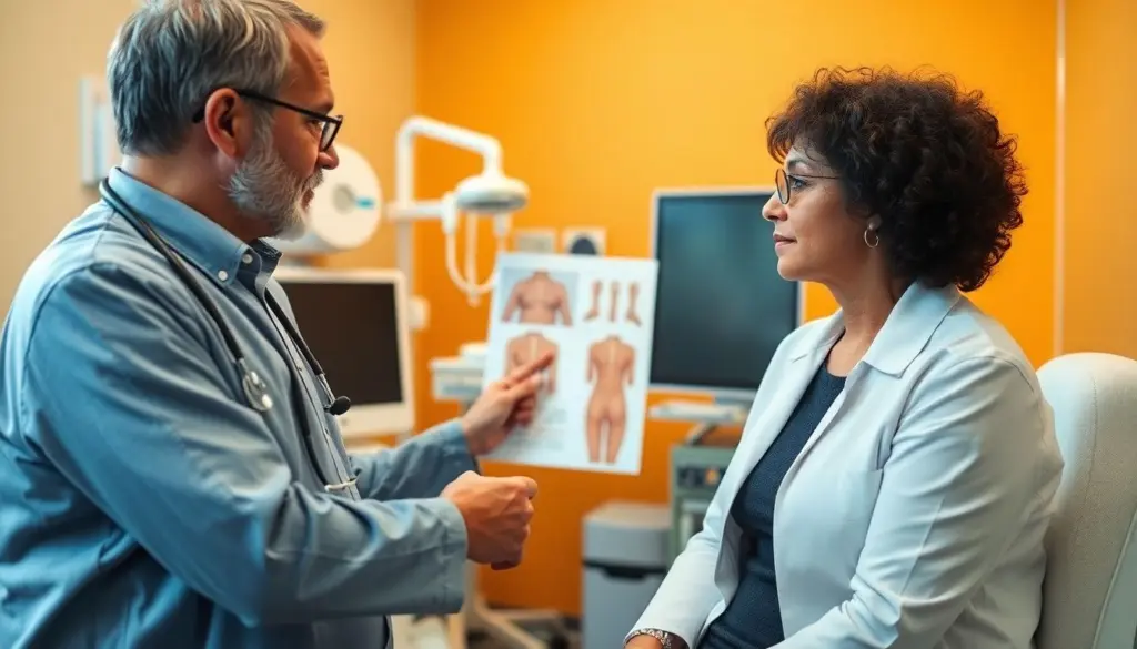 Hautleishmaniose: Doctor consulting patient about skin condition.