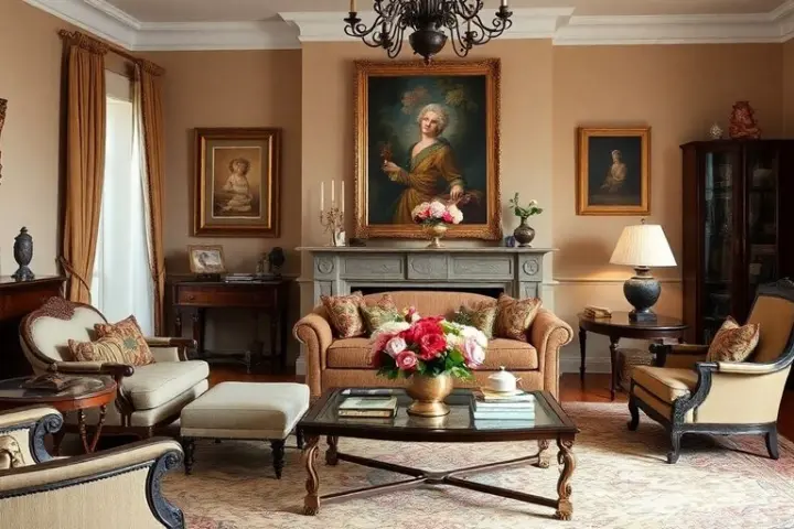 Elegantes Wohnzimmer mit wertvollem Hausrat und Kunstwerken.