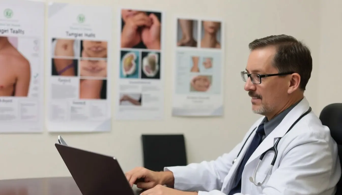 Doctor with laptop discussing Tungiasis treatment options.