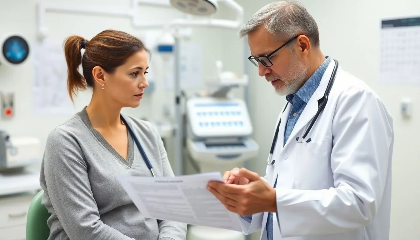 Schweinefinnenbandwurm: Doctor and patient discussing health concerns in clinic.