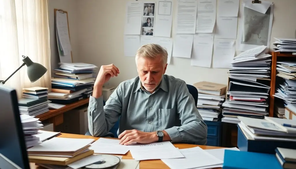 Stressed applicant at desk with documents and folders.