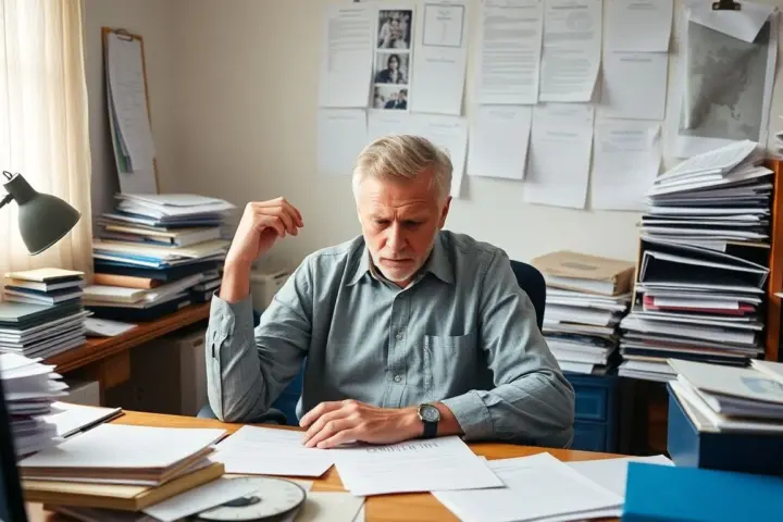 Stressed applicant at desk with documents and folders.