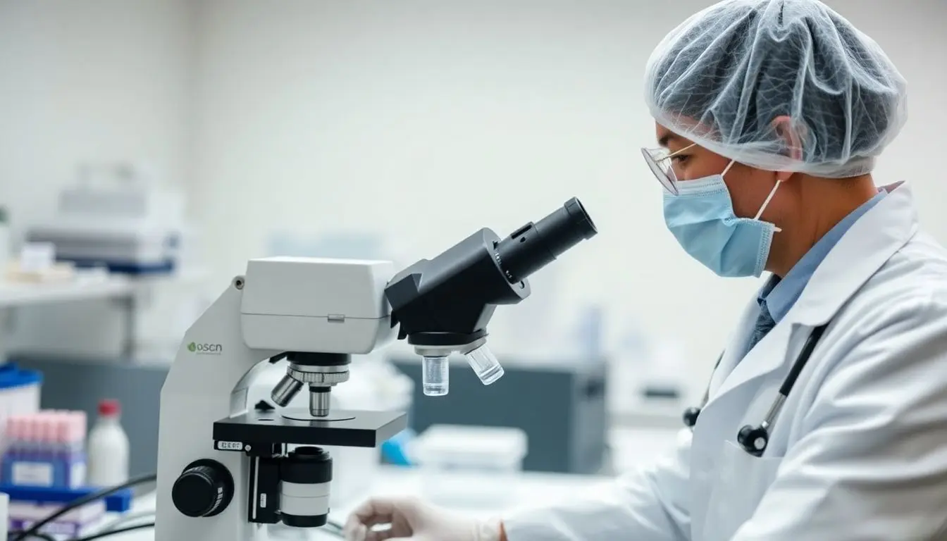 Aspergillose: Doctor examining samples under a microscope in a lab.