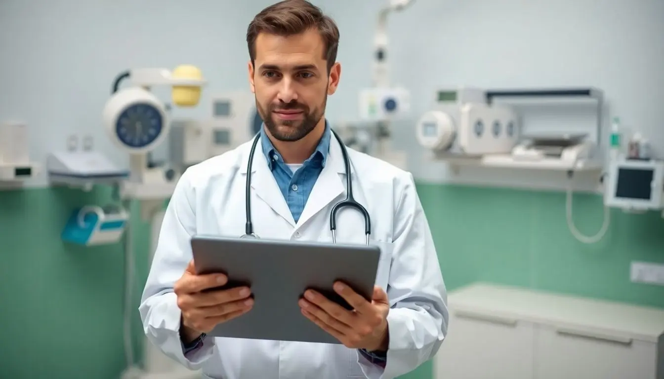 Lambliasis: Doctor with tablet in a clinical environment.