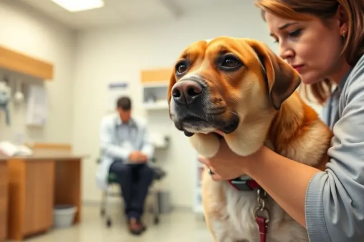 Besorgte Tierbesitzerin mit Hund beim Tierarzt.