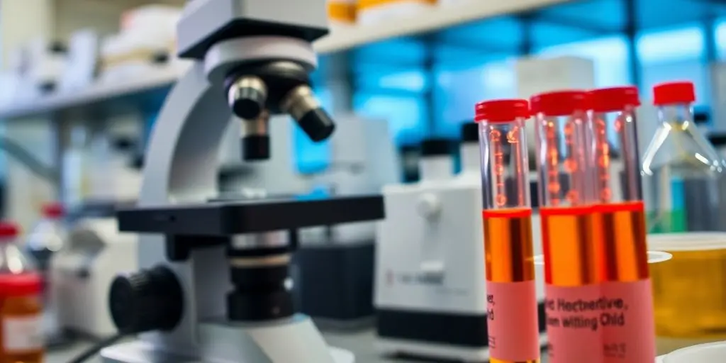 Hendravirus: Laboratorio mit Mikroskop und Vials zur Virusforschung.
