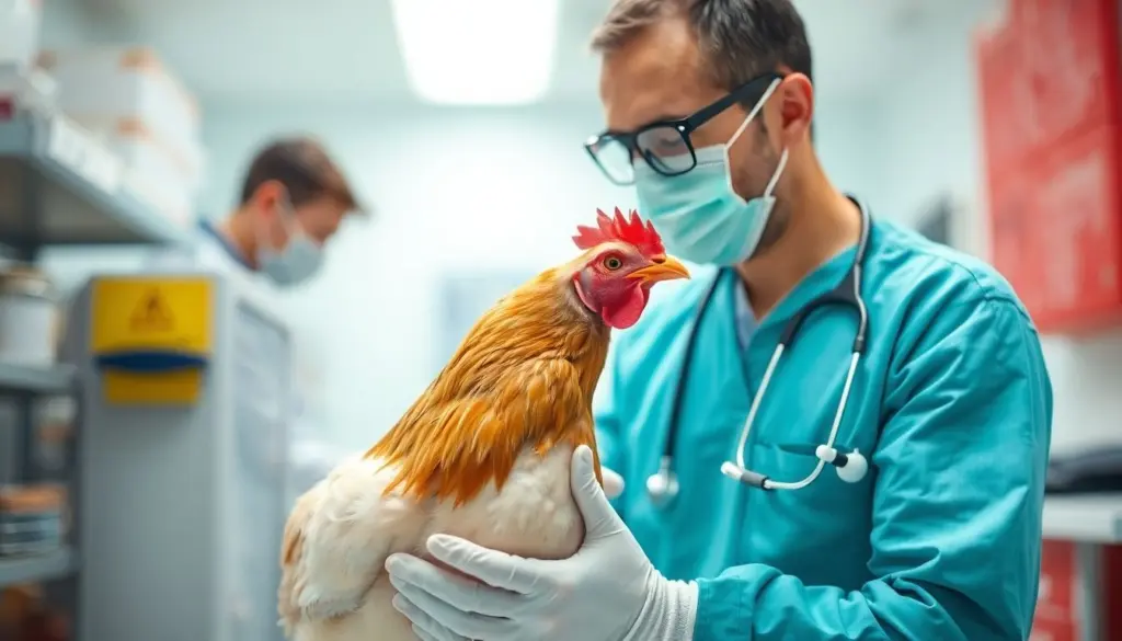 Geflügelpest: Veterinarian examining a healthy chicken in a clinic.