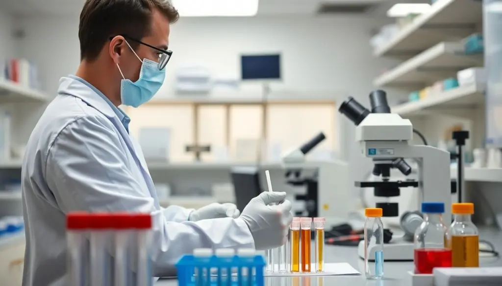 Doctor in a lab analyzing Adenovirus samples.