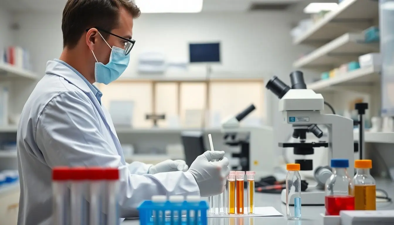 Doctor in a lab analyzing Adenovirus samples.