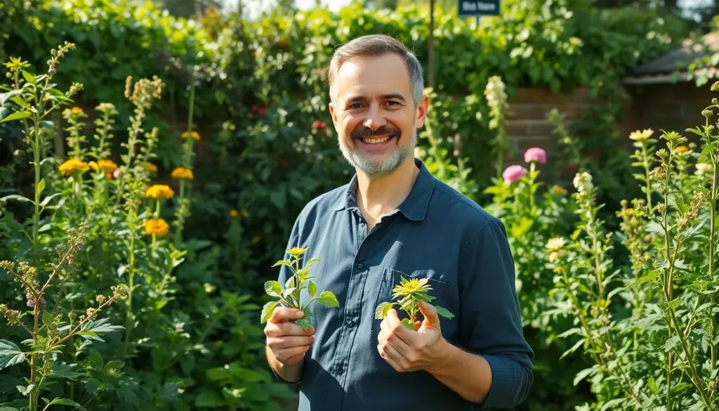 Lächelnder Phytotherapeut mit Pflanzen.