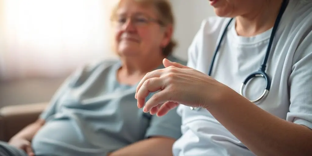 Pflegekraft hält sanft die Hand eines Patienten.
