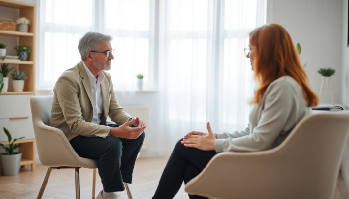 Verhaltenstherapie: Psychologe spricht mit Patient in heller Praxis.