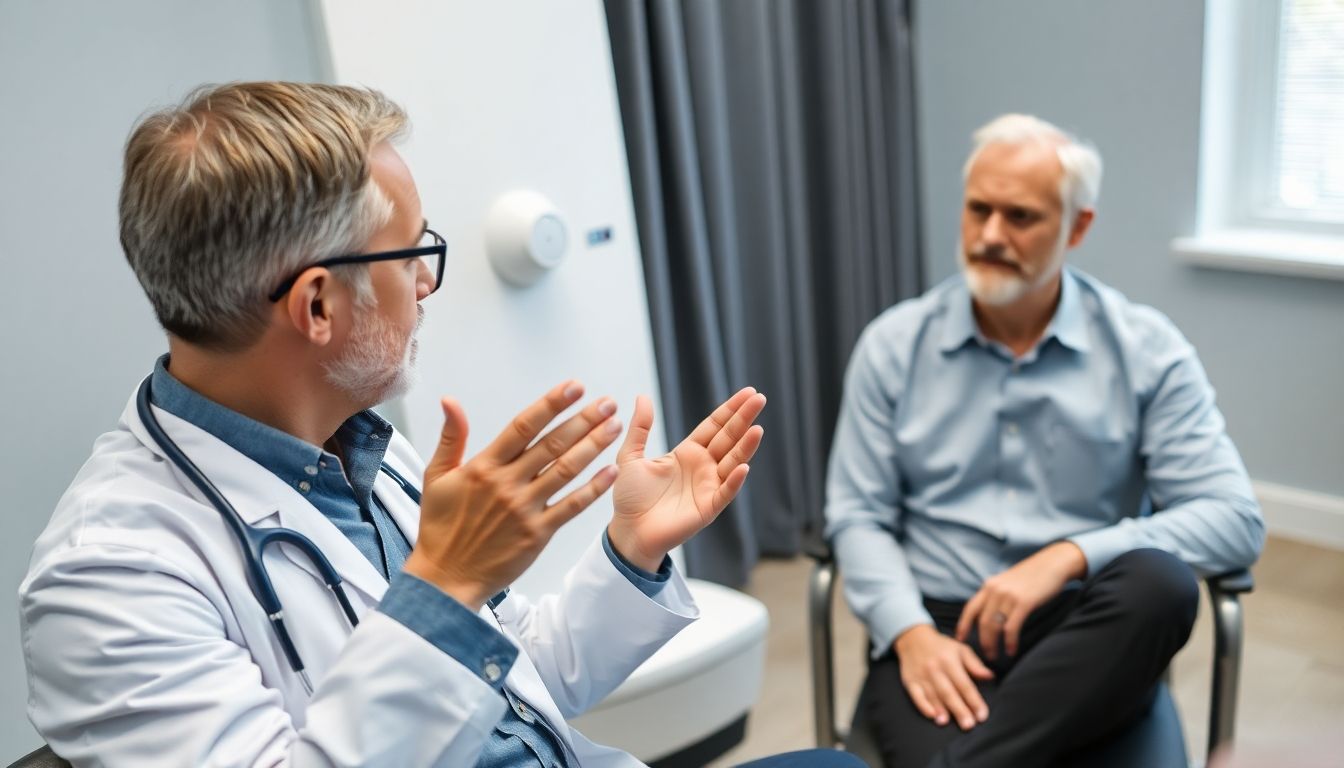 Arzt bespricht Magnetfeldtherapie mit Patient.