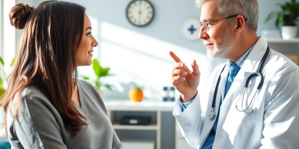 Patient und Arzt im Gespräch in einer Arztpraxis.