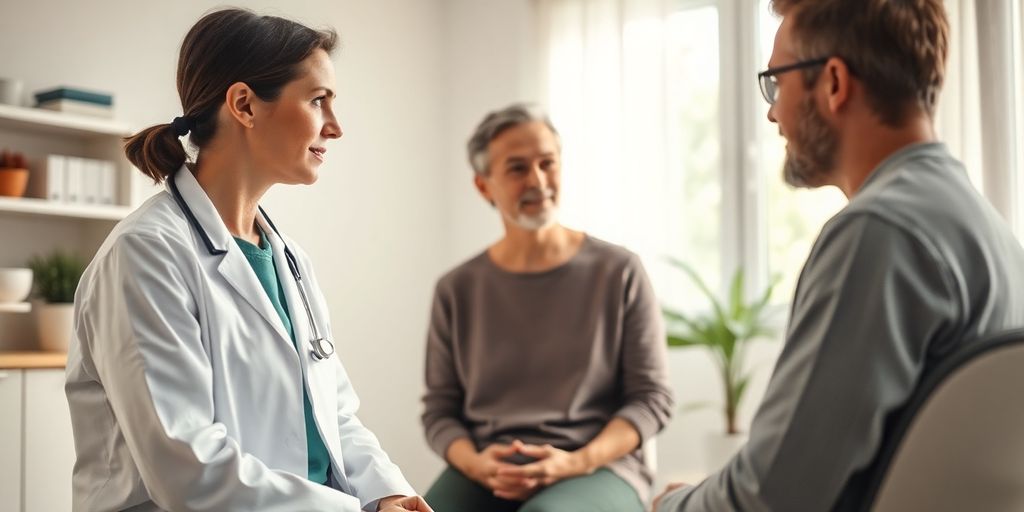 Kryptosporidiose: Patient und Arzt im hellen medizinischen Raum.