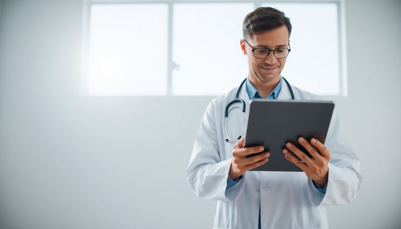 Arzt mit Tablet prüft die Behandlungsmöglichkeiten bei Locked-in-Syndrom