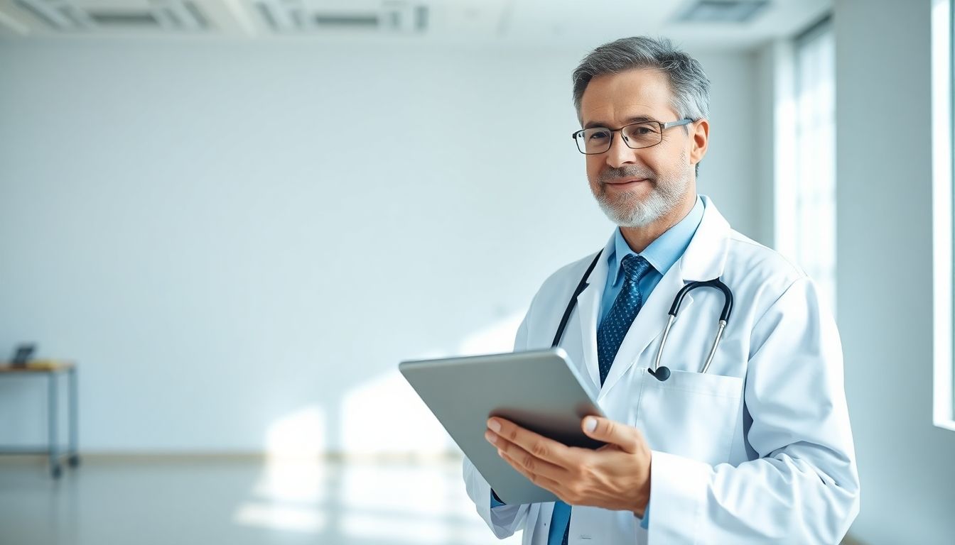 Diagnoseverfahren bei Kollaps: Arzt schreibt einen Bericht auf dem Tablet