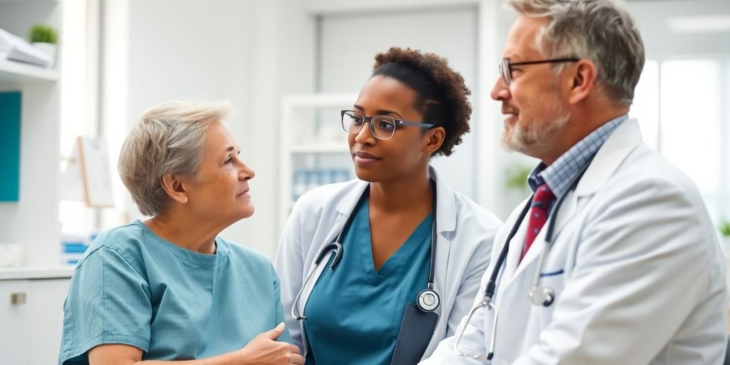 Kollaps und Medikamente: Patient und Arzt im hellen medizinischen Raum.