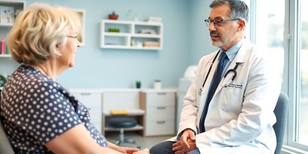 Knochenmetastasen: Patient und Arzt im hellen medizinischen Raum.