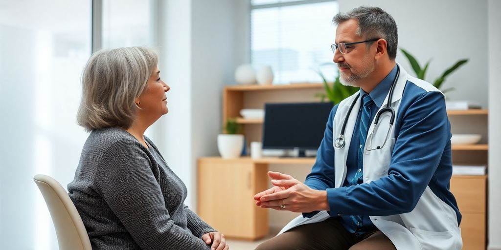 Patient und Arzt im hellen medizinischen Raum.