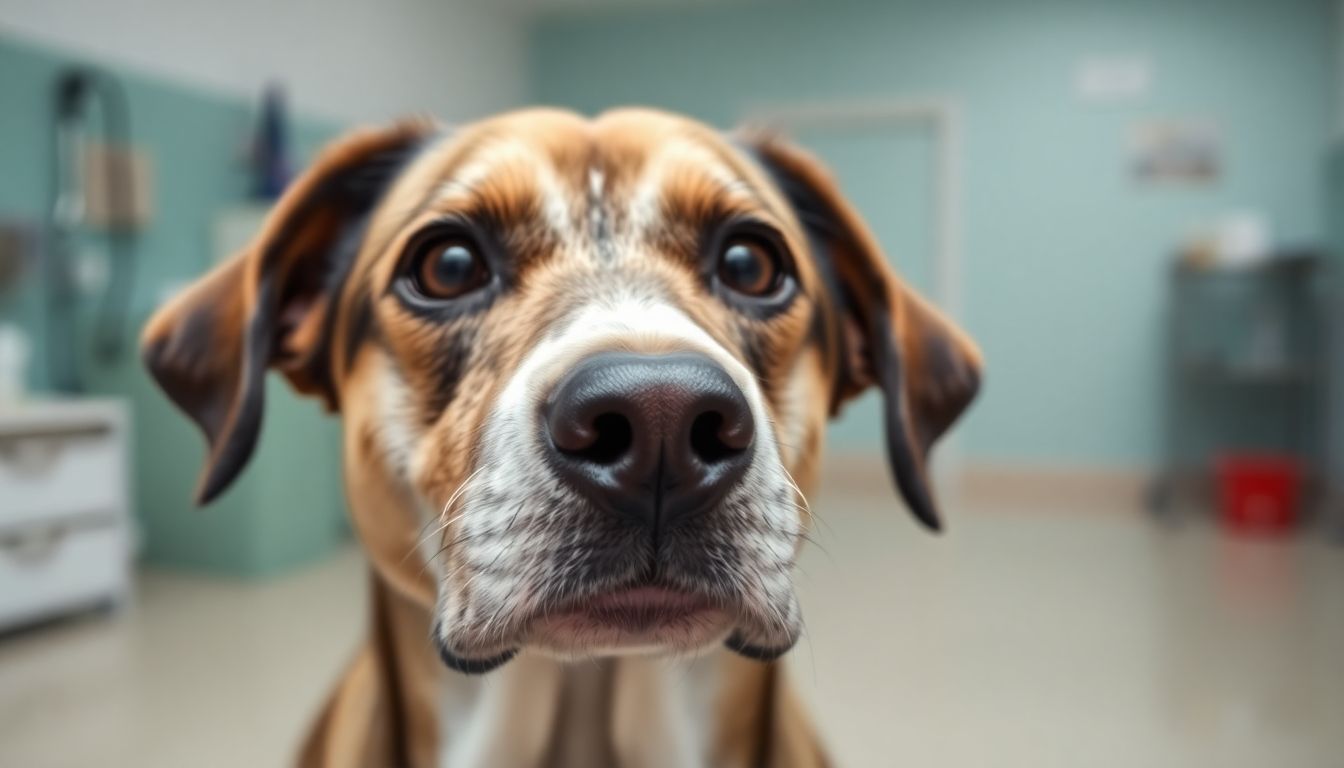 Lungenegelinfektion bei Tieren: Concerned dog in a veterinary clinic setting.