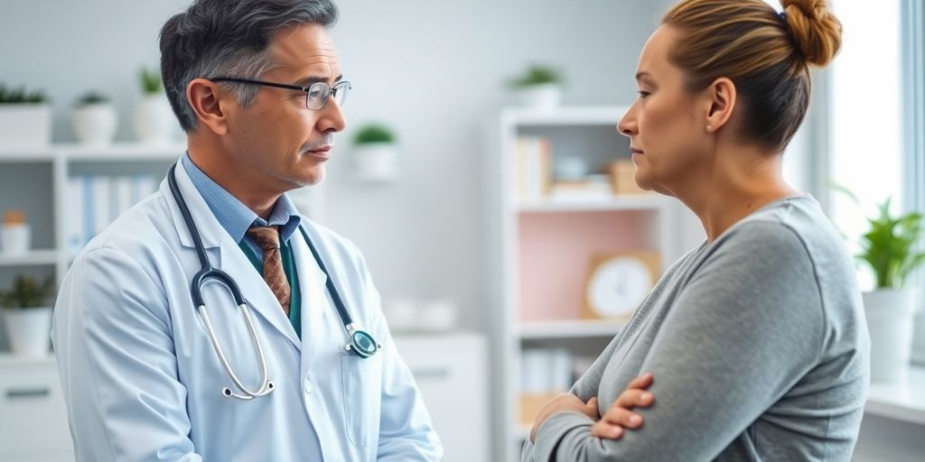 Symptome bei akuter Leukämie: Patient und Arzt im hellen medizinischen Büro.