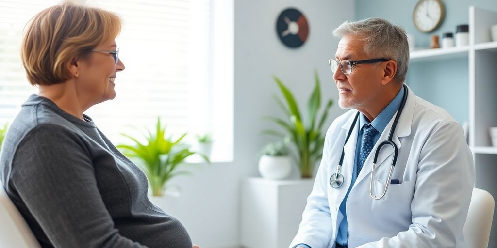 Leukämie und Lebensqualität: Patient und Arzt in einer hellen Arztpraxis.