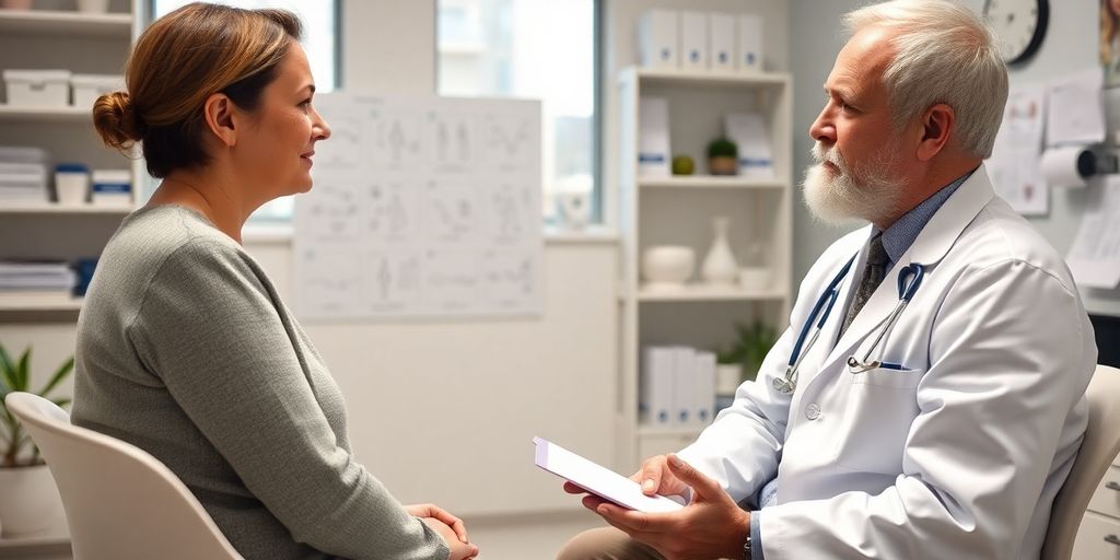 Ursachen von Kollagenosen: Patient und Arzt im hellen medizinischen Raum.