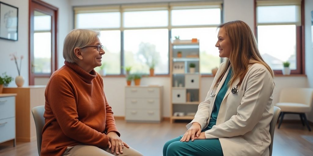 Kollagenosen: Patient und Arzt im hellen medizinischen Raum.