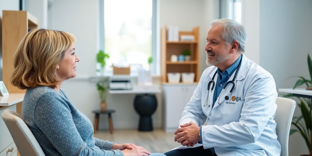 Lichen planus: Patient und Arzt in heller Arztpraxis bei Beratung.