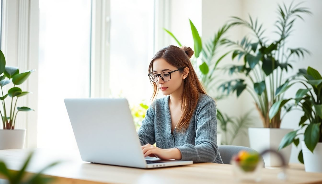 Vorbeugung gegen die Vogelgrippe: Woman with laptop in a bright, healthy environment.