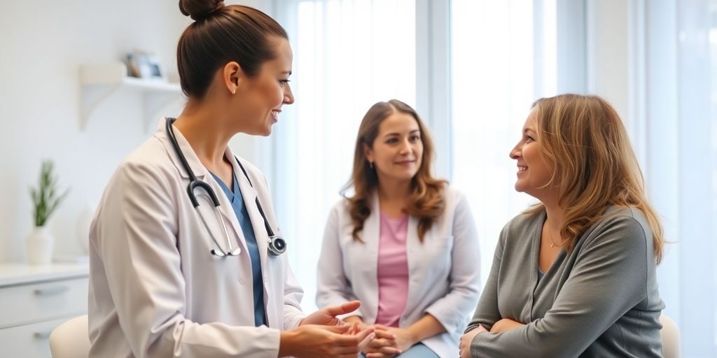 Leberadenom bei Frauen: Patientin und Arzt in heller Arztpraxis bei Beratung.