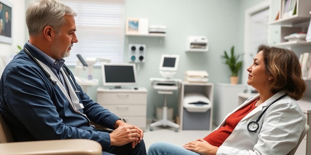 Patient und Arzt im Gespräch über Laryngitis Ursachen.