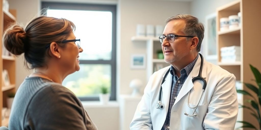 Laryngitis und anderen Kehlkopfkrankheiten: Patient und Arzt im hellen medizinischen Raum.