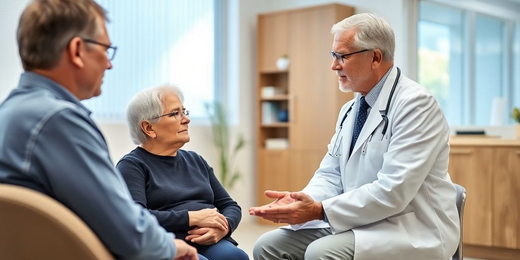 Lungenkrebs: Patient und Arzt im hellen medizinischen Raum.