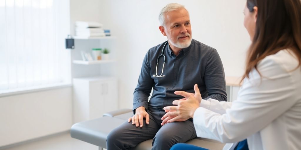 Lebensmittelvergiftung und psychische Gesundheit: Patient und Arzt im hellen medizinischen Raum.