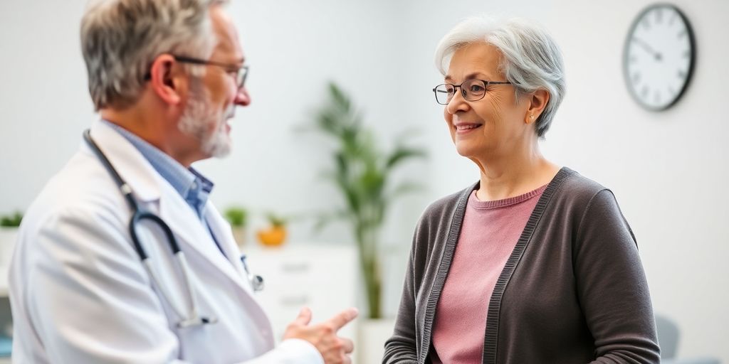 Patient und Arzt in einer hellen Arztpraxis sprechen über Krebs.