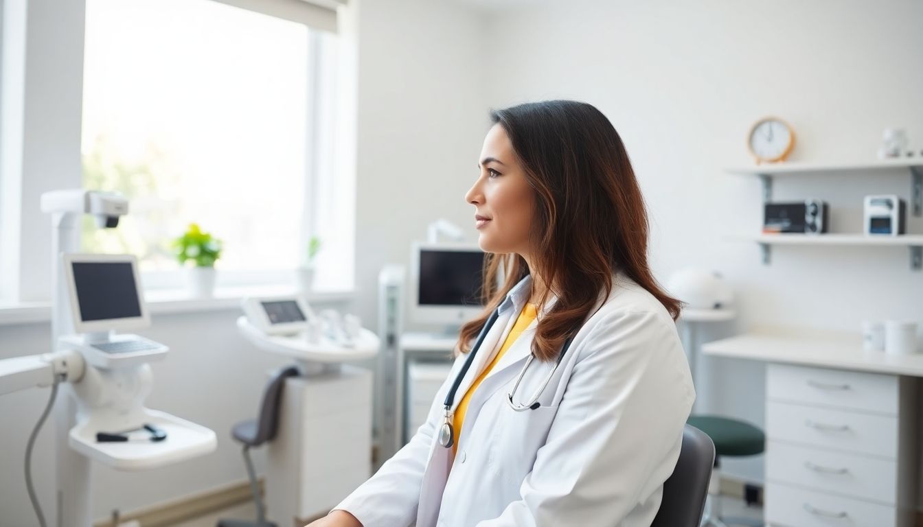 Diagnoseverfahren bei Gelbsucht: Doctor in a bright medical office examining a patient.