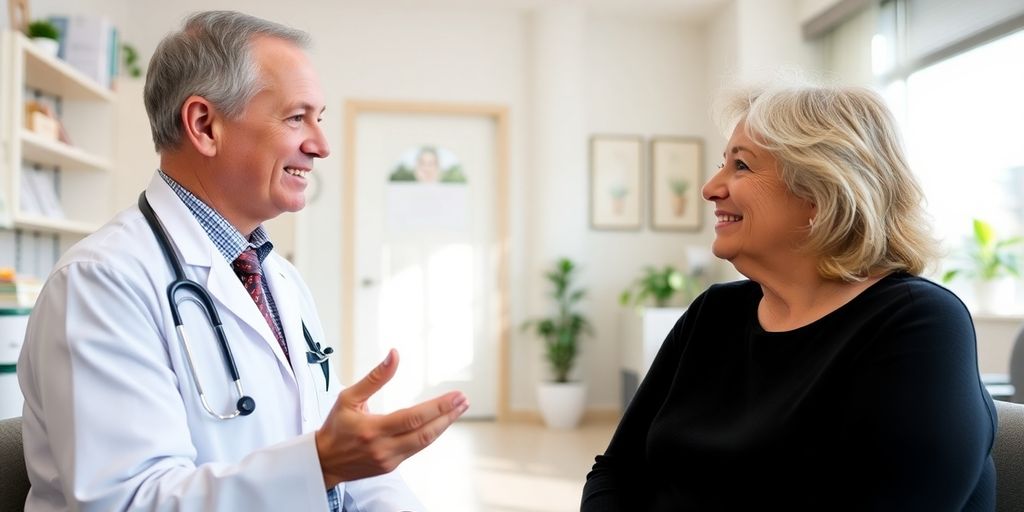 Krebs und alternative Heilmethoden: Patient und Arzt in heller medizinischer Praxis.