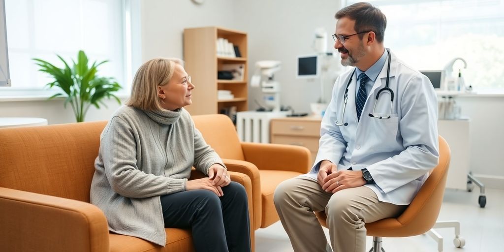 Magenkarzinom: Patient und Arzt im hellen medizinischen Raum.