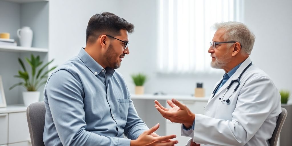 Patient und Arzt in einer hellen Arztpraxis sprechen über Krätze.