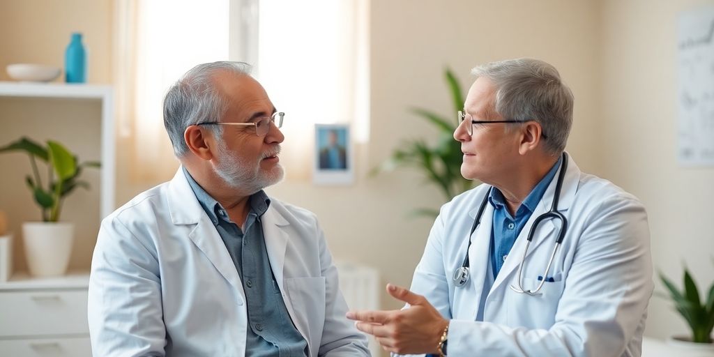 Arzt und Patient im Gespräch über Lymphom Diagnose.