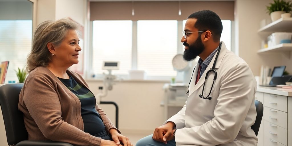 Patient und Arzt in einer hellen Arztpraxis sprechen über lymphatische Filariose.