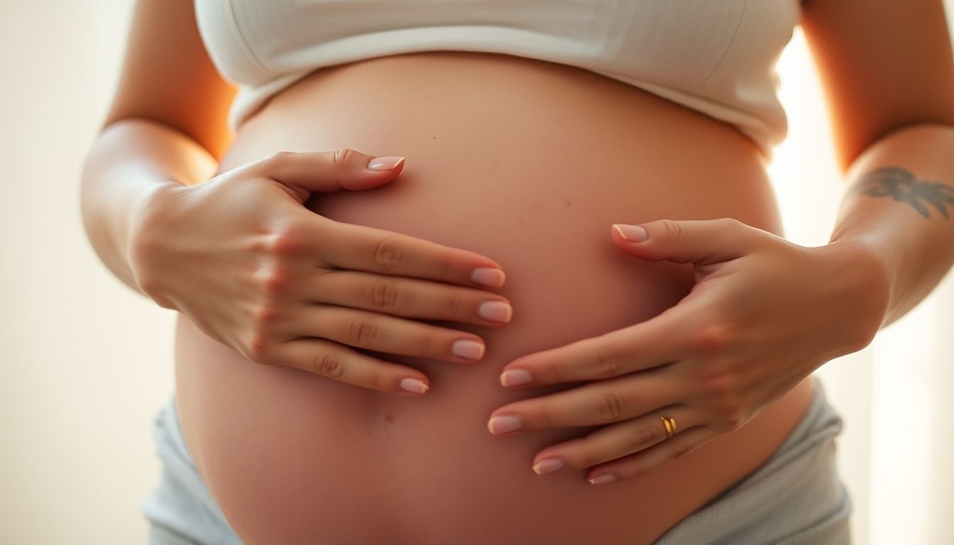 Gelbsucht in der Schwangerschaft: Pregnant woman holding her belly in soft light.