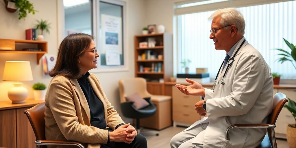Patient und Arzt im hellen medizinischen Raum sprechen über Magengeschwür.