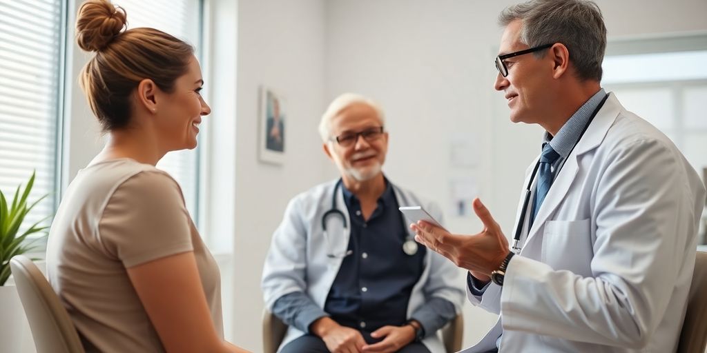 Patient und Arzt im hellen medizinischen Raum sprechen über das malignes Melanom.